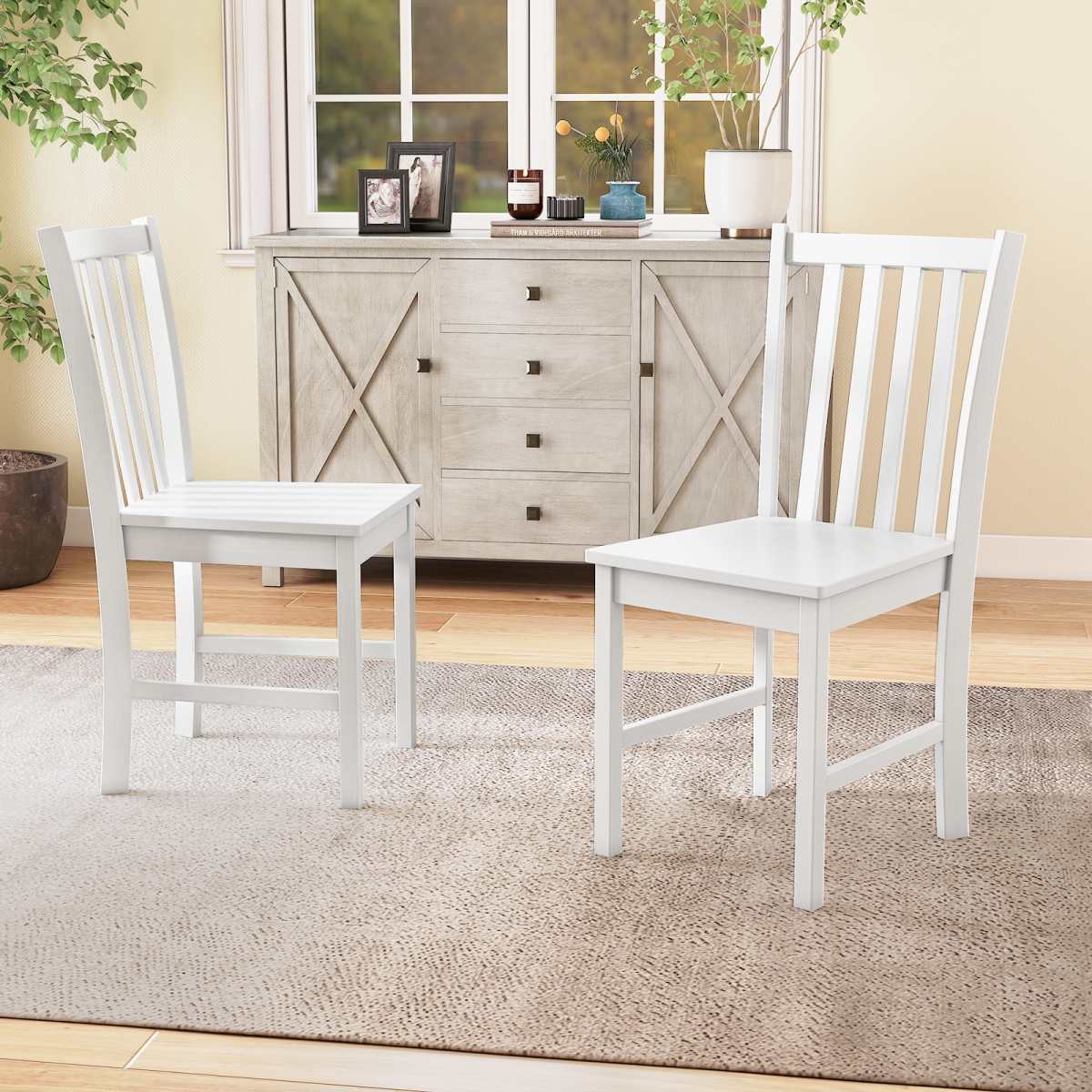 KC58690WH Rustic Dining Chairs - Wooden Kitchen Chairs with Slat Tilt Backrest, White - Set of 2