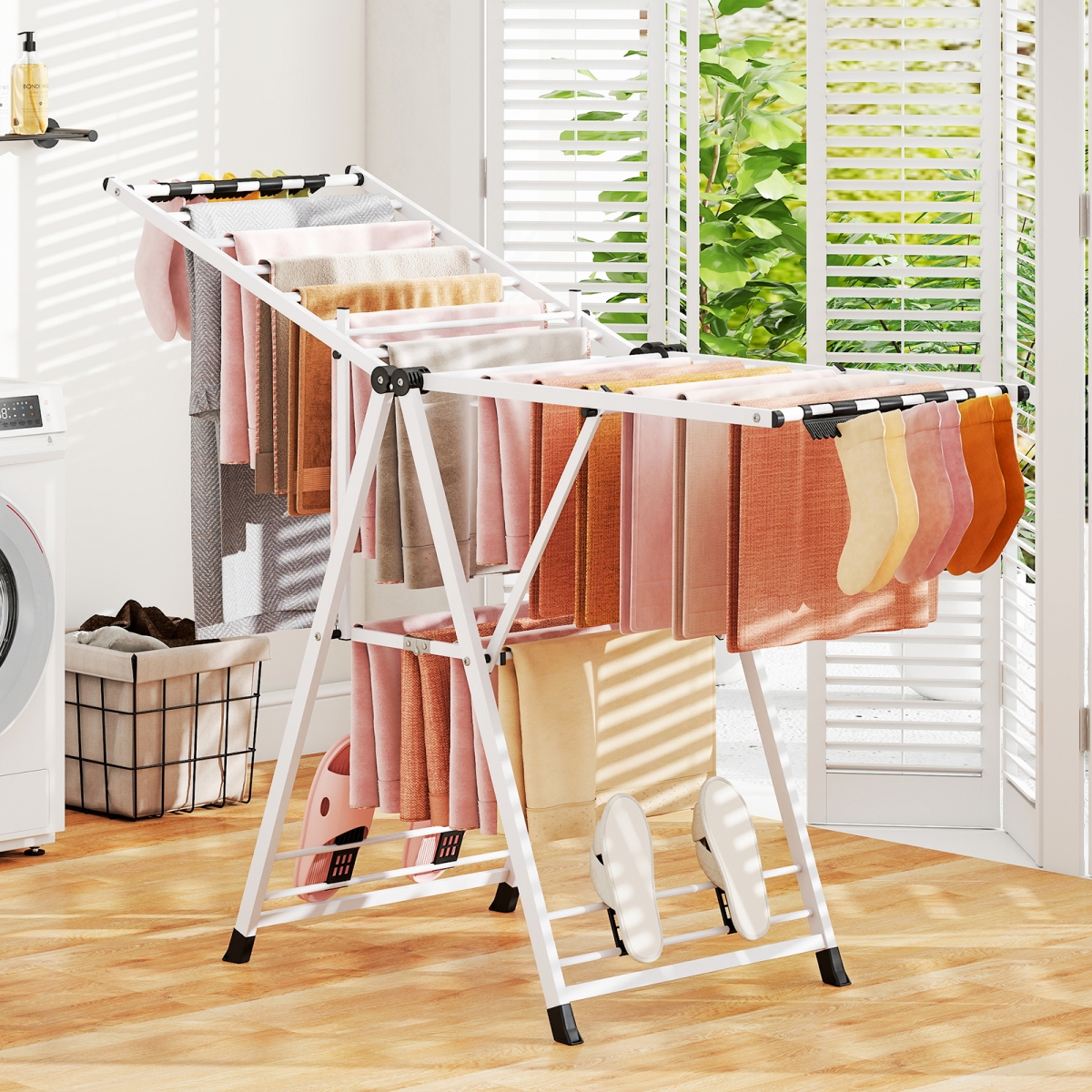 JZ10330WH 64 in. Clothes Drying Rack with Height Adjustable Wings, White