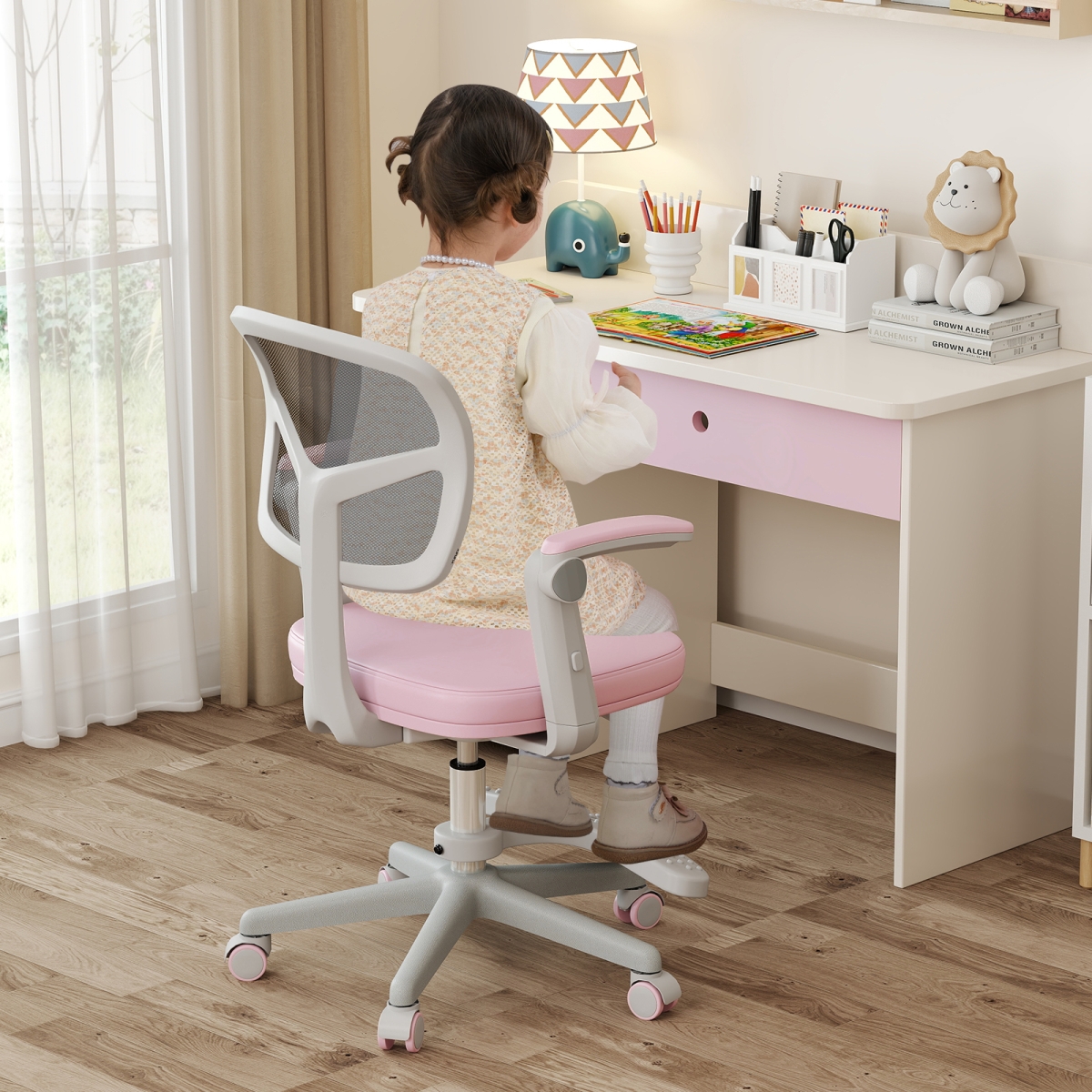 HY10398PK Kids Desk Chair Children Study Chair with Adjustable Height Armrest & Footrest, Pink