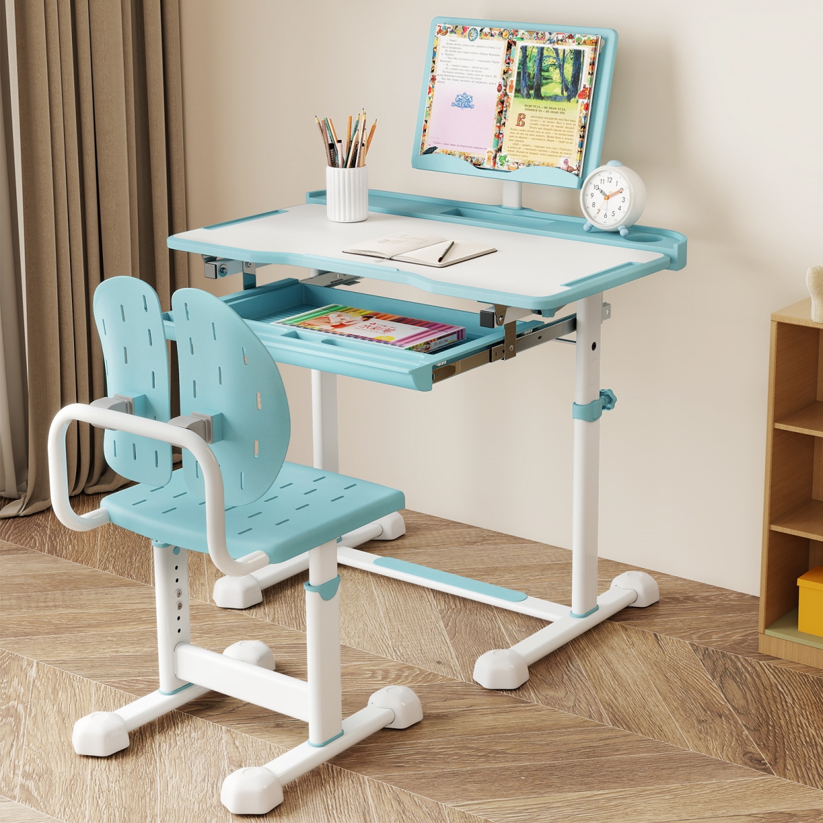 HY10409BL Kids Study Desk & Chair Set with Tilt Desktop & Book Stand, Blue