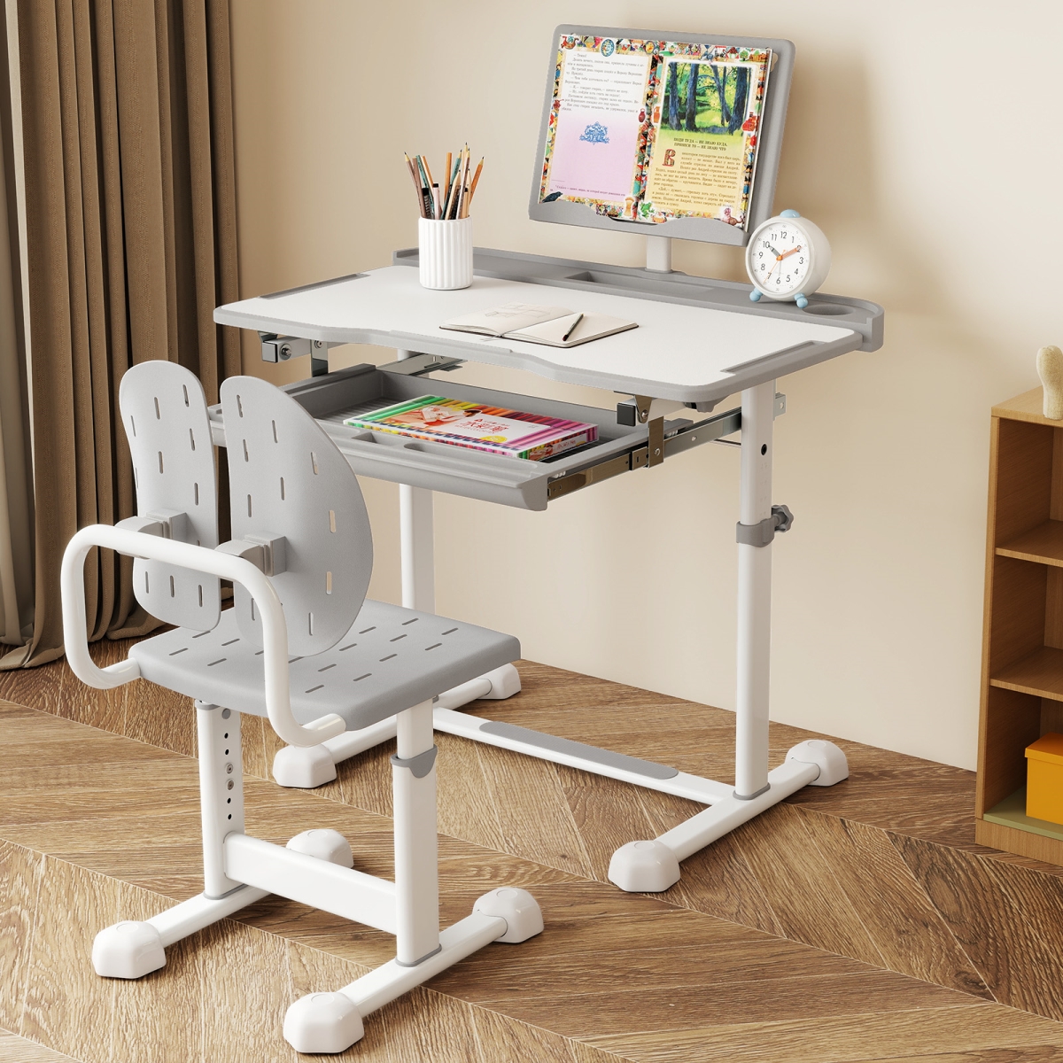 HY10409GR Kids Study Desk & Chair Set with Tilt Desktop & Book Stand, Gray