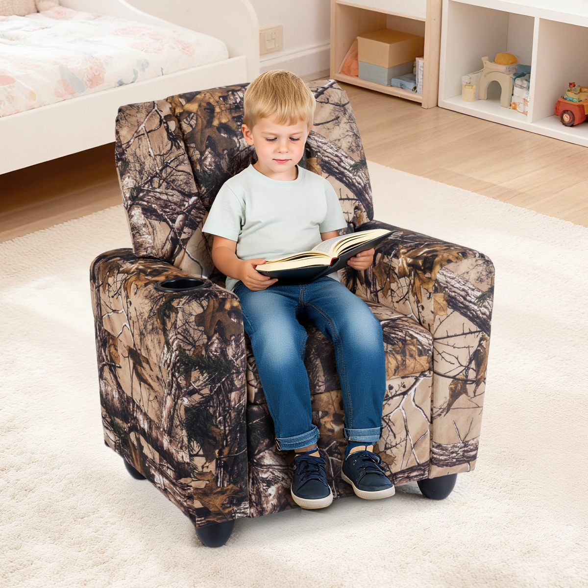 HY10458AU Kids Recliner Chair - Push Back Toddler Reclining Armchair with Cup Holder, Camouflage