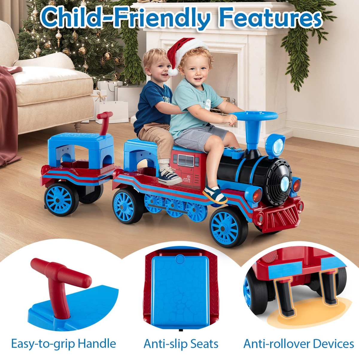 TQ10340US-LH 3-Seater Trackless Train Set 12V Ride-on Toy Car with 2 Removable Chairs, Blue