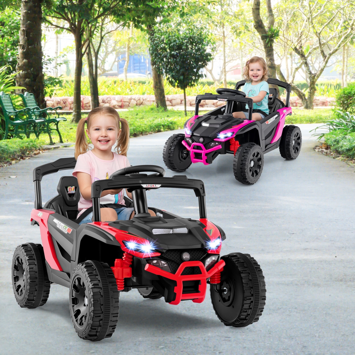 TQ10405US-RE 12V Kids Ride-on Car UTV Electric Vehicle with LED Lights Music & Horn, Red