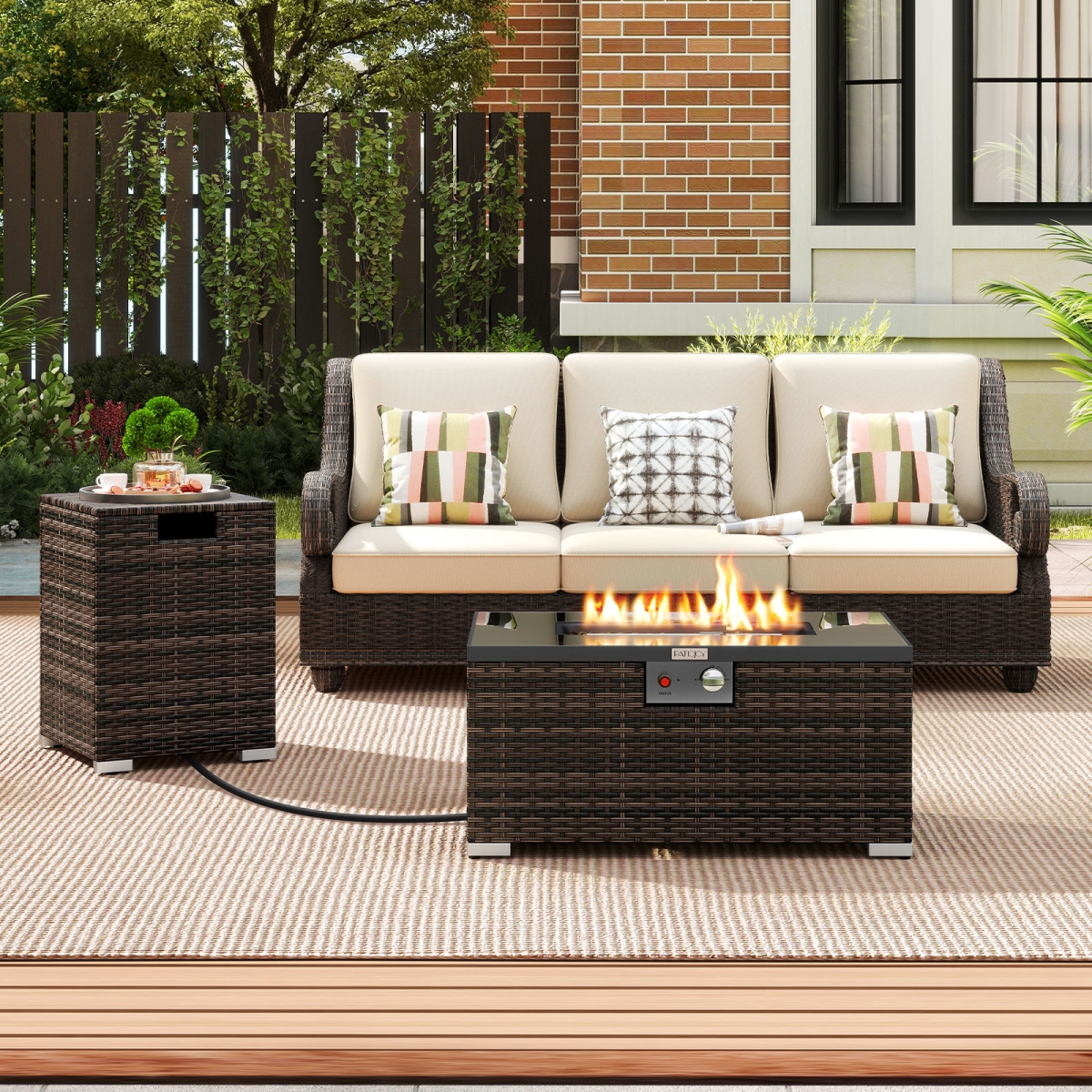 NP12223CF Outdoor Rattan Fire Table Set - 32 in. Rectangle Gas Firepit with Tank Cover, Brown - 2 Piece