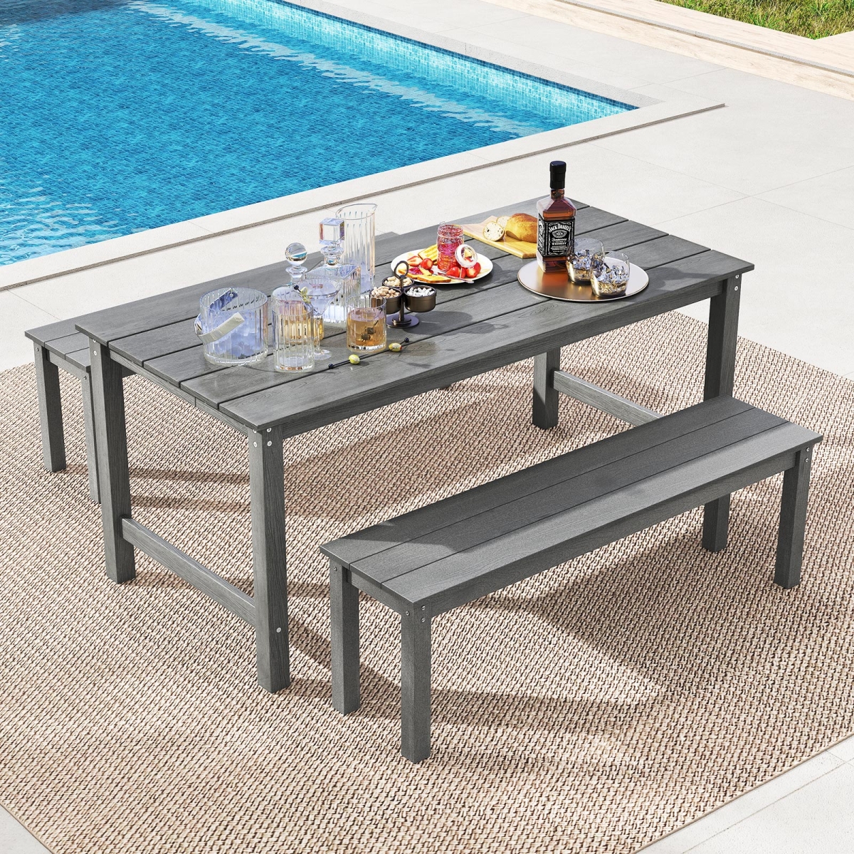 NP12458GR-2-NP12457GR Outdoor Dining Table Set with 2 Benches, Gray - 3 Piece