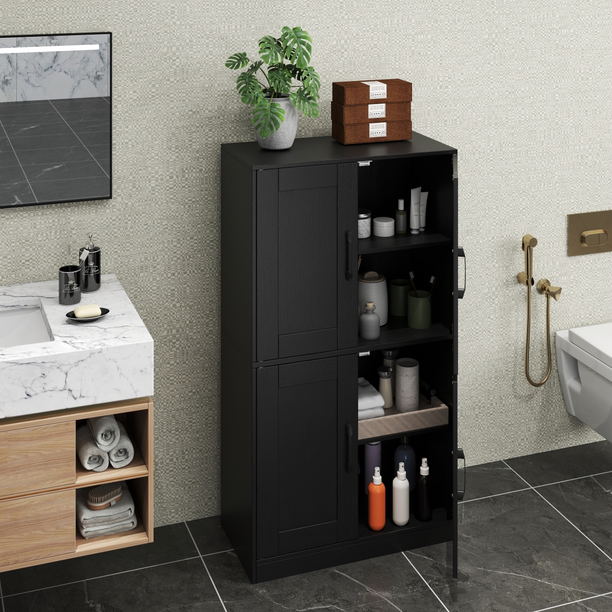 JV12948DK 43.5 in. Bathroom Cabinet - Storage with Doors & Adjustable Shelves, Black