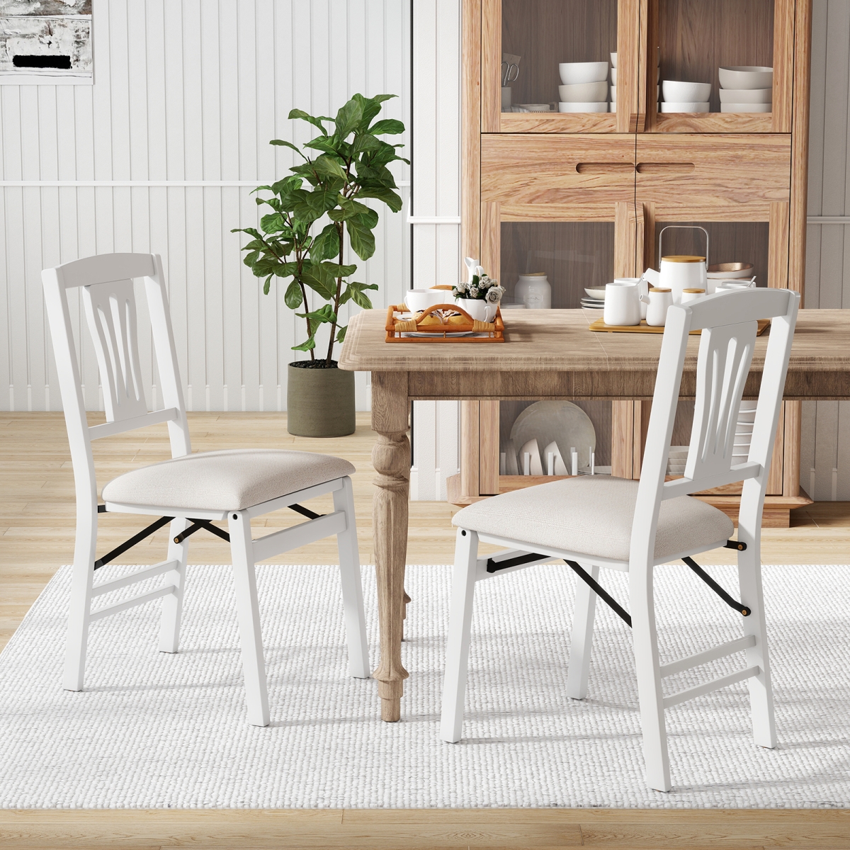 JV13224WH Folding Kitchen Chairs - Upholstered Dining Chairs with Comfy Padded Seats, White - Set of 2