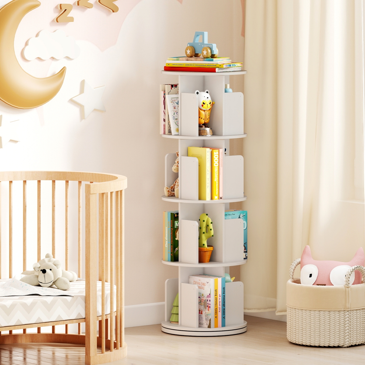 JV13366WH 4-Tier Rotating Bookshelf - 360 deg Display Rack with Dividers & Anti-falling Baffles, White