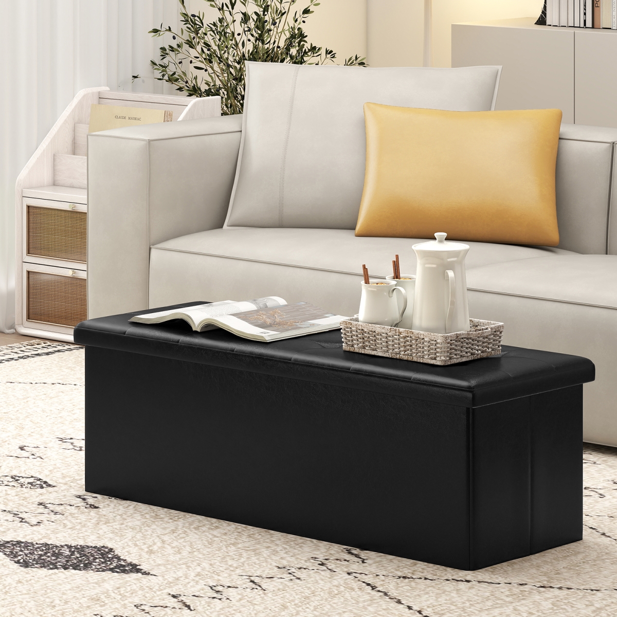 JV13399DK 43 in. Folding Storage Ottoman Bench - Footrest Stool End of Bed Bench, Black