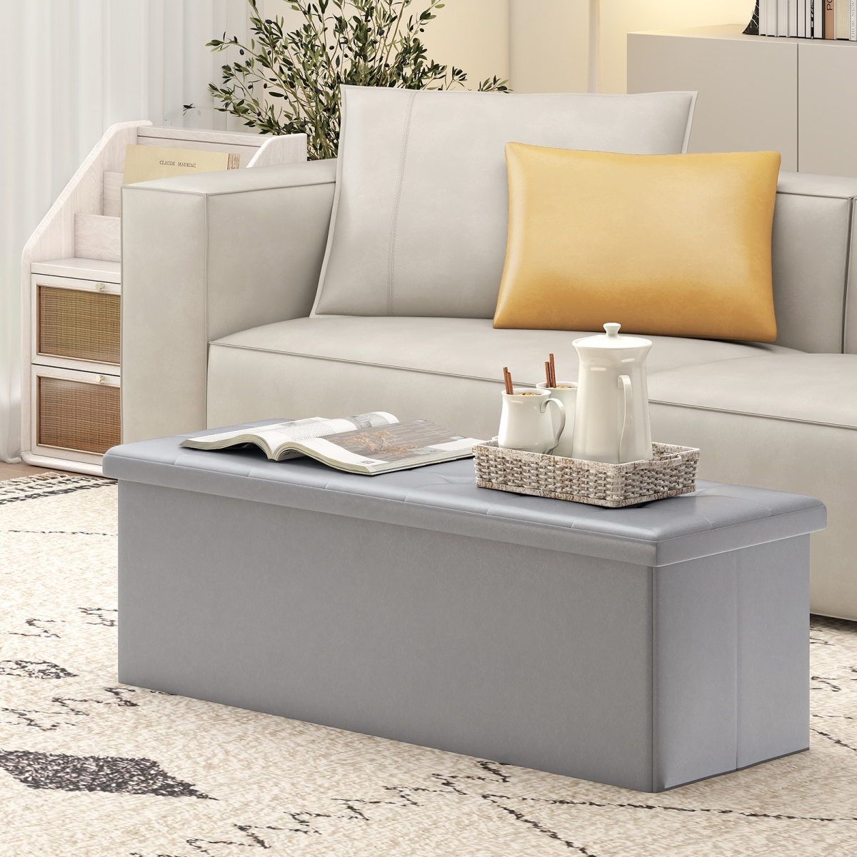 JV13399GR 43 in. Folding Storage Ottoman Bench - Footrest Stool End of Bed Bench, Gray