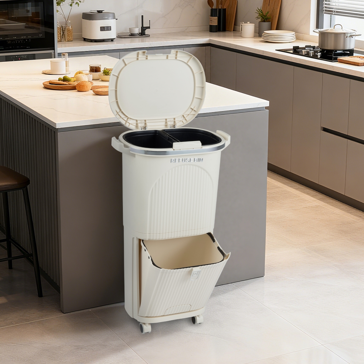 JV13520BE 10 gal Kitchen Trash Can Double-Layer with Lid & 2 Removable Buckets, Beige