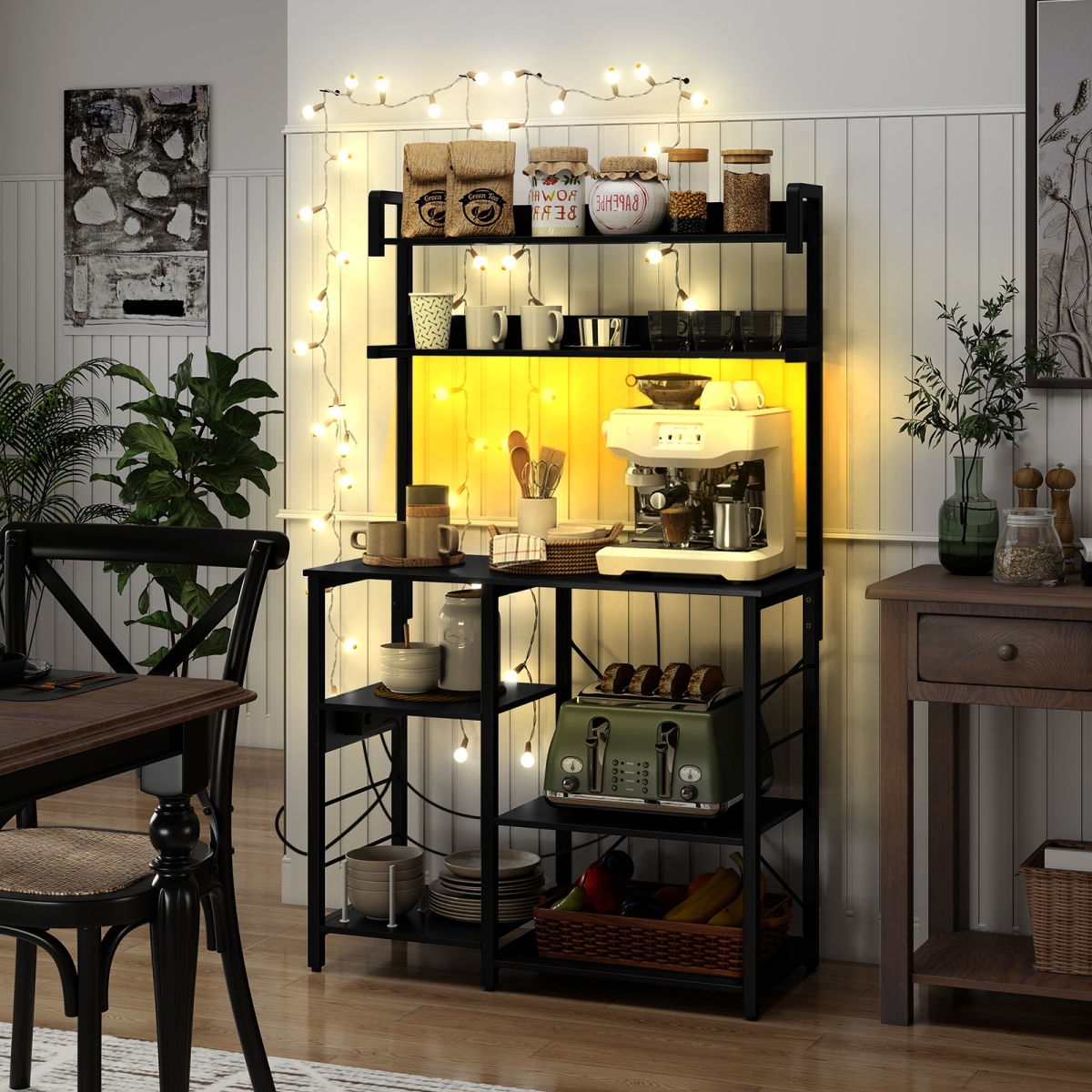 KC58140US-DK Kitchen Bakers Rack with Power Outlet 5-Tier Microwave Oven Stand with LED Lights, Black