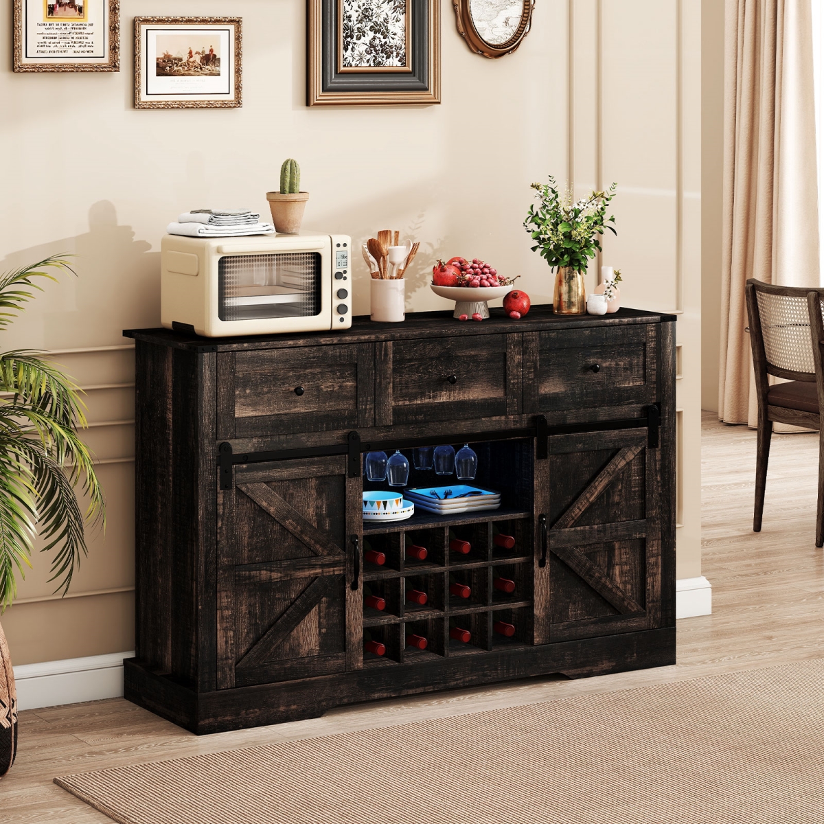 JV11573DK 52 in. Wine Bar Cabinet with LED Lights & Sliding Barn Doors, Black