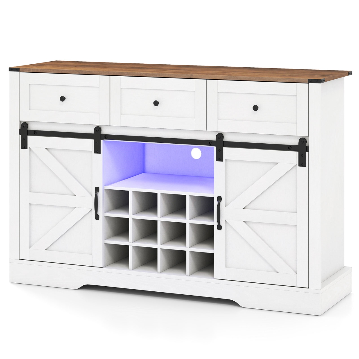 JV11573WH 52 in. Wine Bar Cabinet with LED Lights & Sliding Barn Doors, White