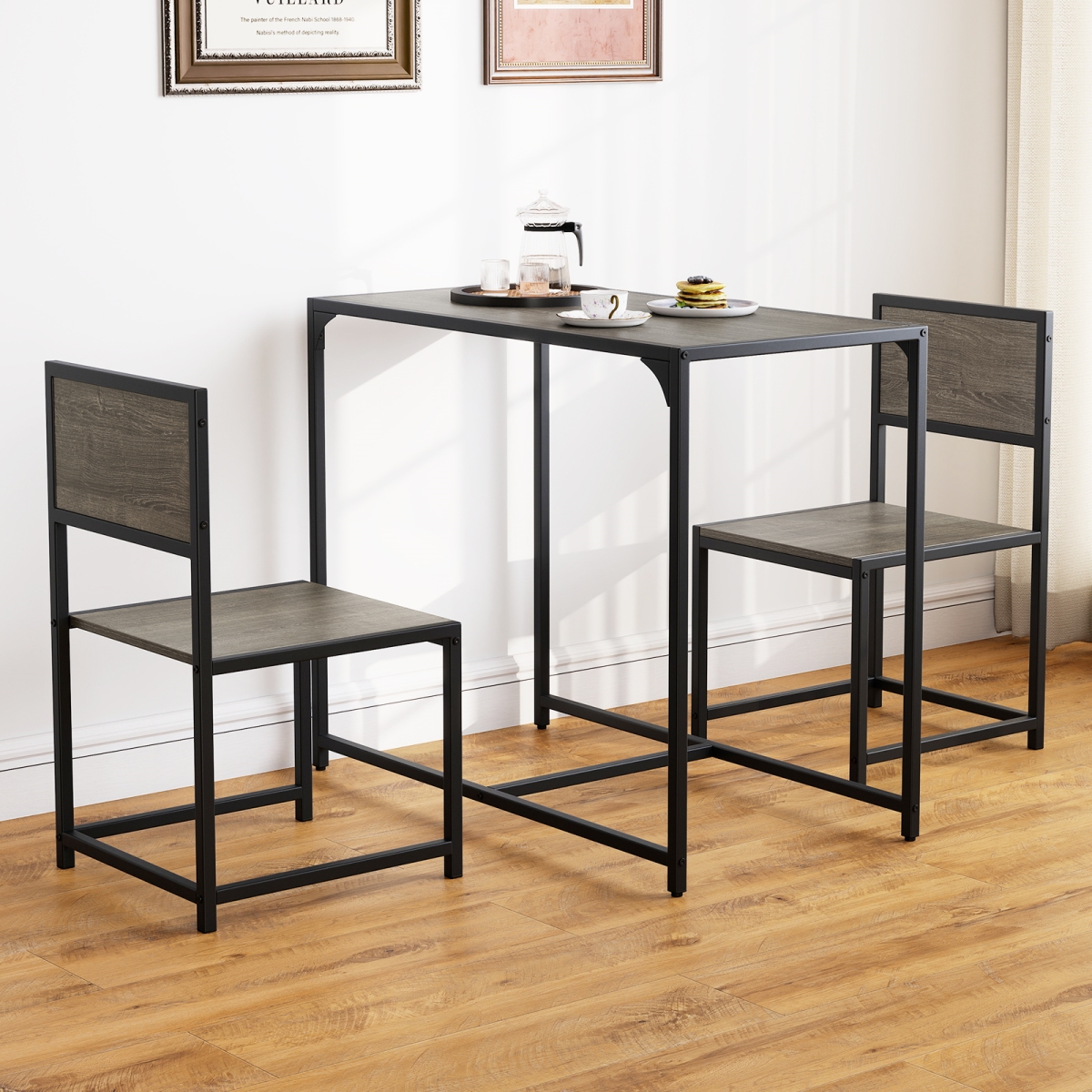KC58687OA Dining Set Compact Table & 2 Chair with Metal Frame for Small Space, Oak - 3 Piece