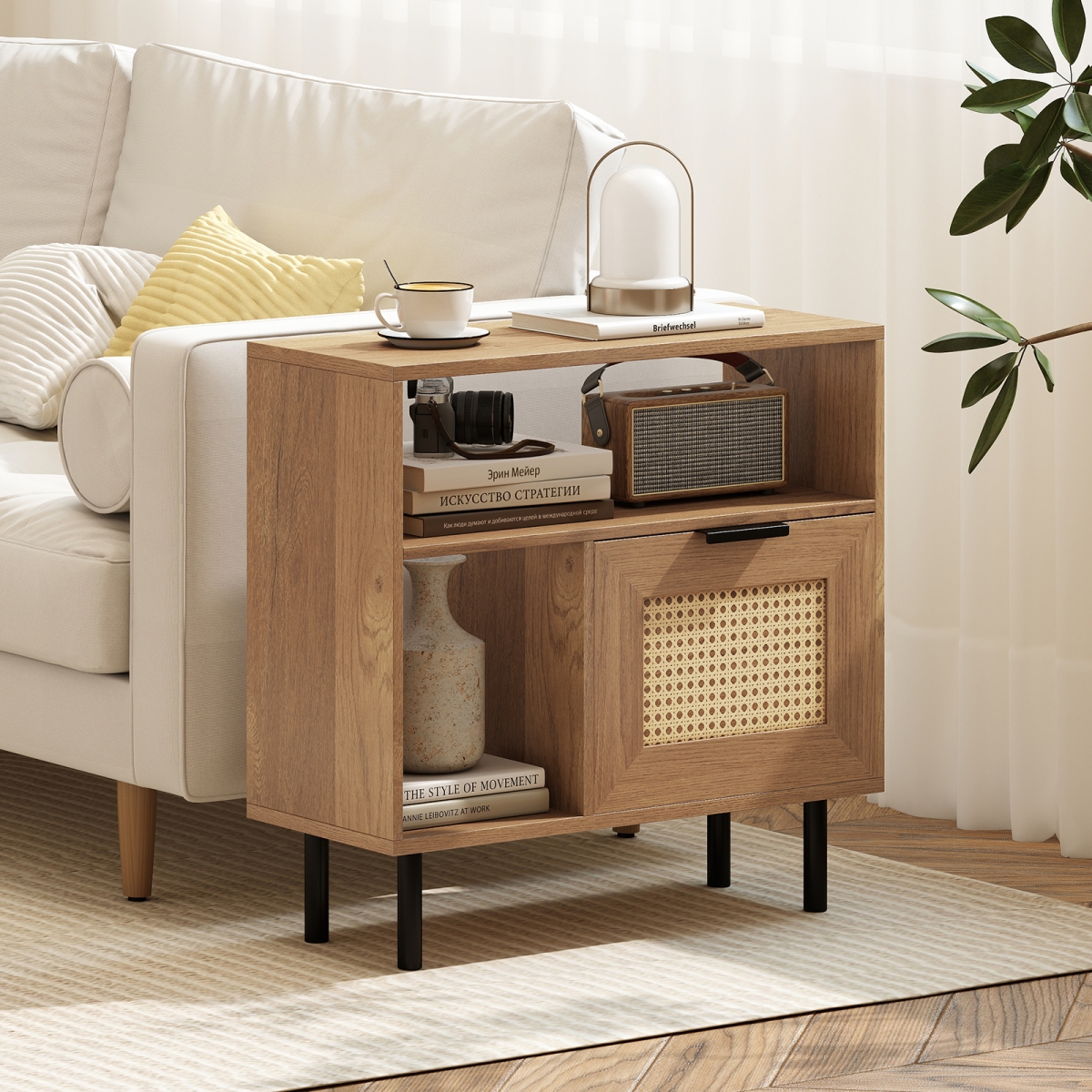 JV12700NA Accent Side End Table with Storage Shelf & Cabinet for Small Space, Natural