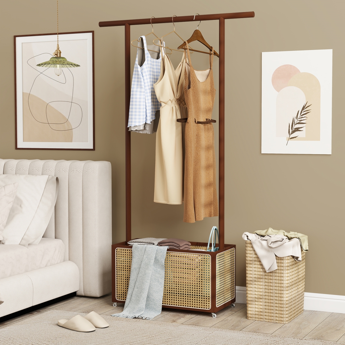 JV12807CF Bamboo Clothes Rack with Rattan Storage Basket & Wheels, Brown