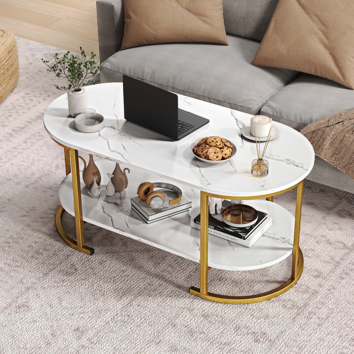 JV12839WH Oval Coffee Table - 2-Tier Wooden Accent Table with Spacious Tabletop & Open Storage Shelf, White