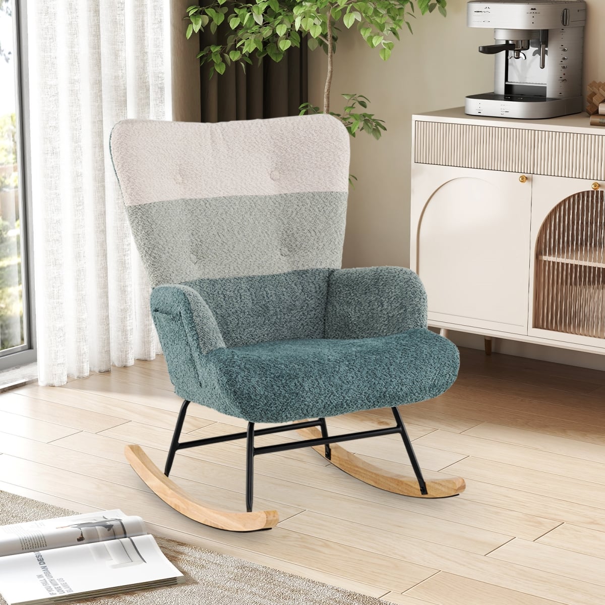 JV12843 Nursery Rocking Chair with Ergonomic Armrests & High Backrest, Colorful