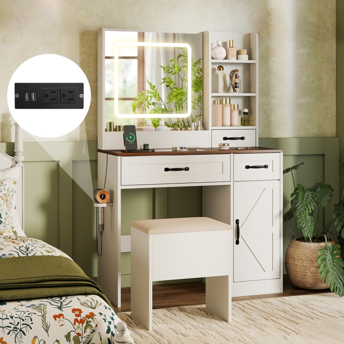 JV13118WH Vanity Desk with Mirror & Lights Farmhouse Makeup Dressing Table, White