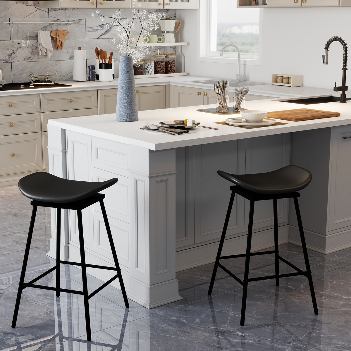 JV13123BK Swivel Barstools - Faux Leather Upholstered Backless with Footrest, Black - Set of 2