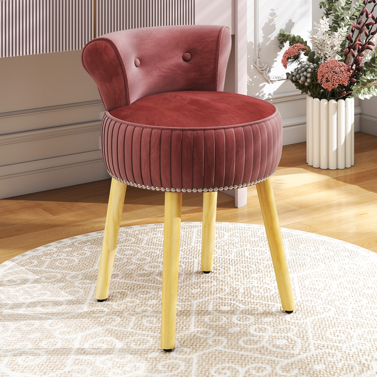 JV13275FS Velvet Vanity Chair with Back Upholstered Vanity Stool with Tufted Low Back & Solid Wood Legs, Pink
