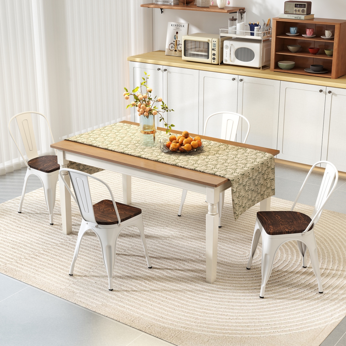 JV11951WH-4 Metal Dining Chairs - Stackable Kitchen Side Chairs with Wood Seat & Detachable High Backrest, White - Set of 4