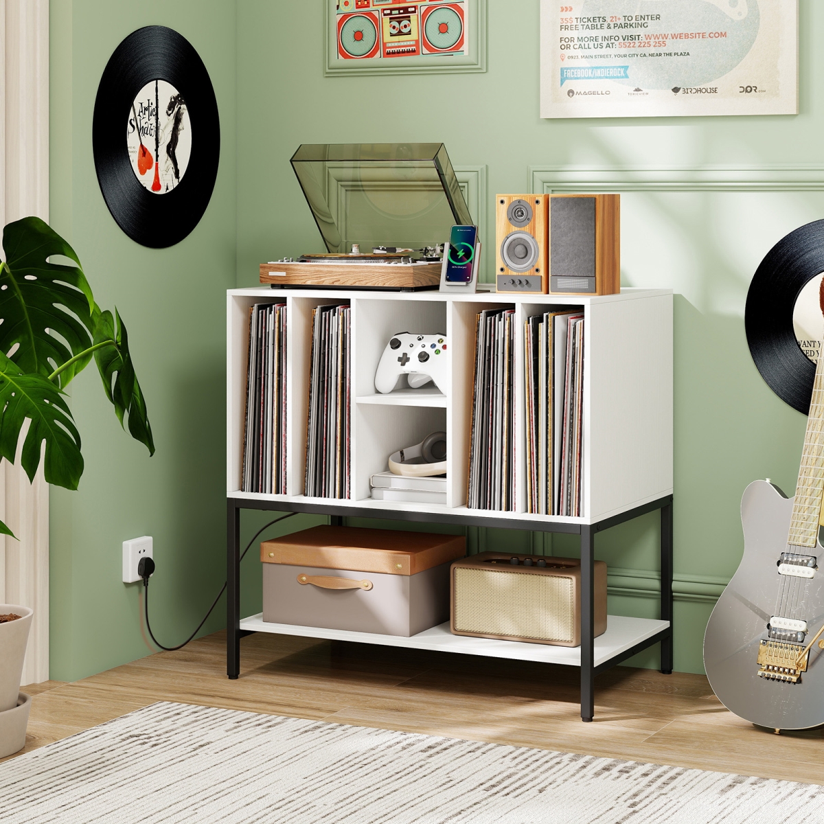 JV12742US-WH Record Player Stand with Charging Station & Metal Frame, White