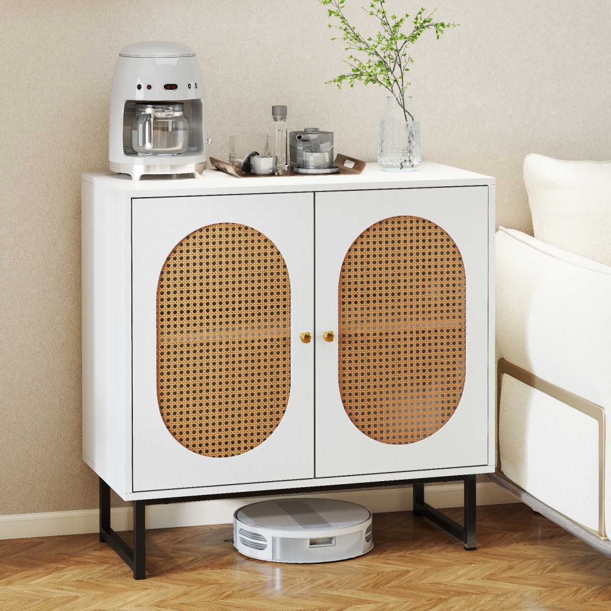 JV12029WH Buffet Cabinet Rattan Storage Cabinet with 2 Doors & Adjustable Shelf, White