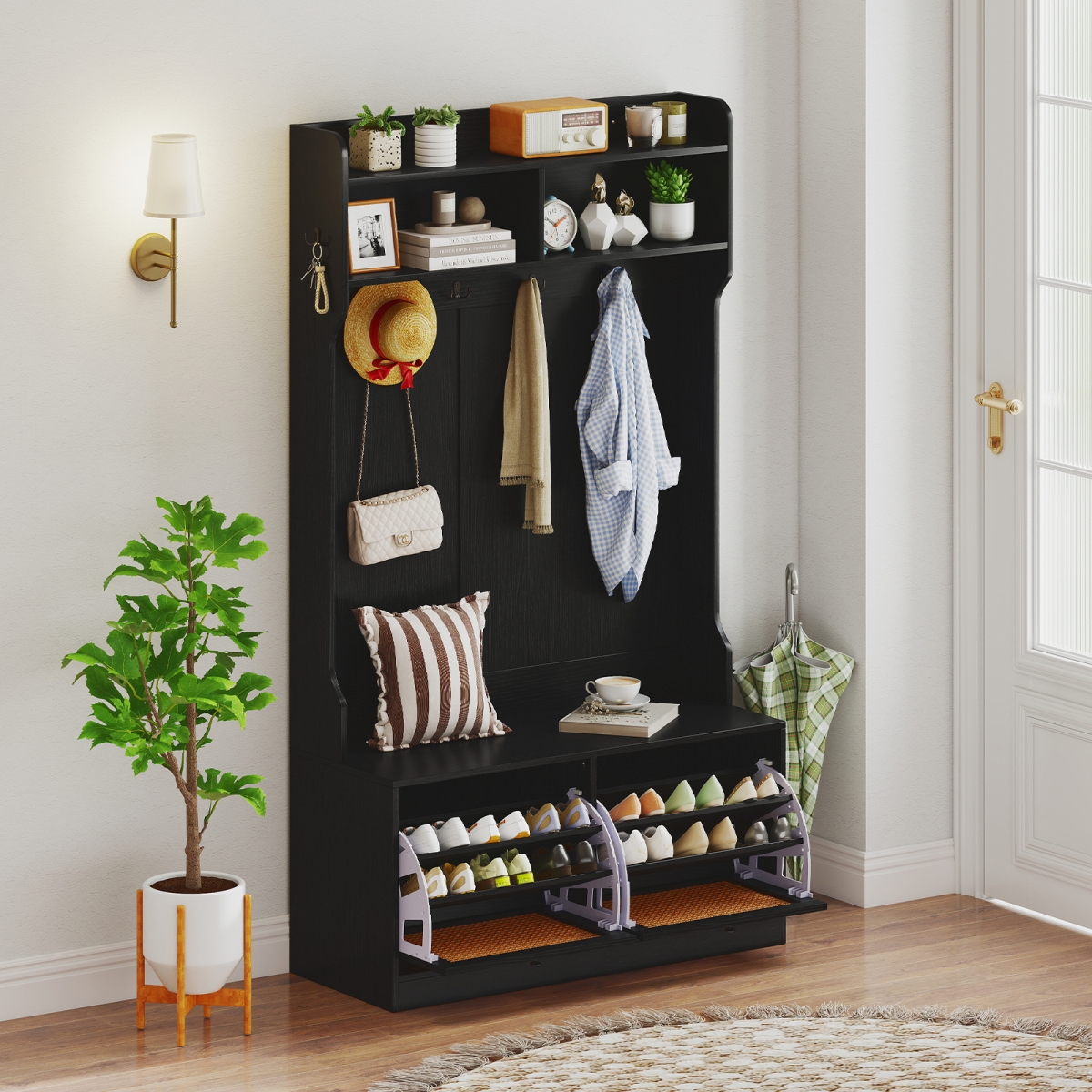 JV12031DK 4-in-1 Hall Tree with Coat Rack & Flip Drawers for Entryway Mudroom, Black