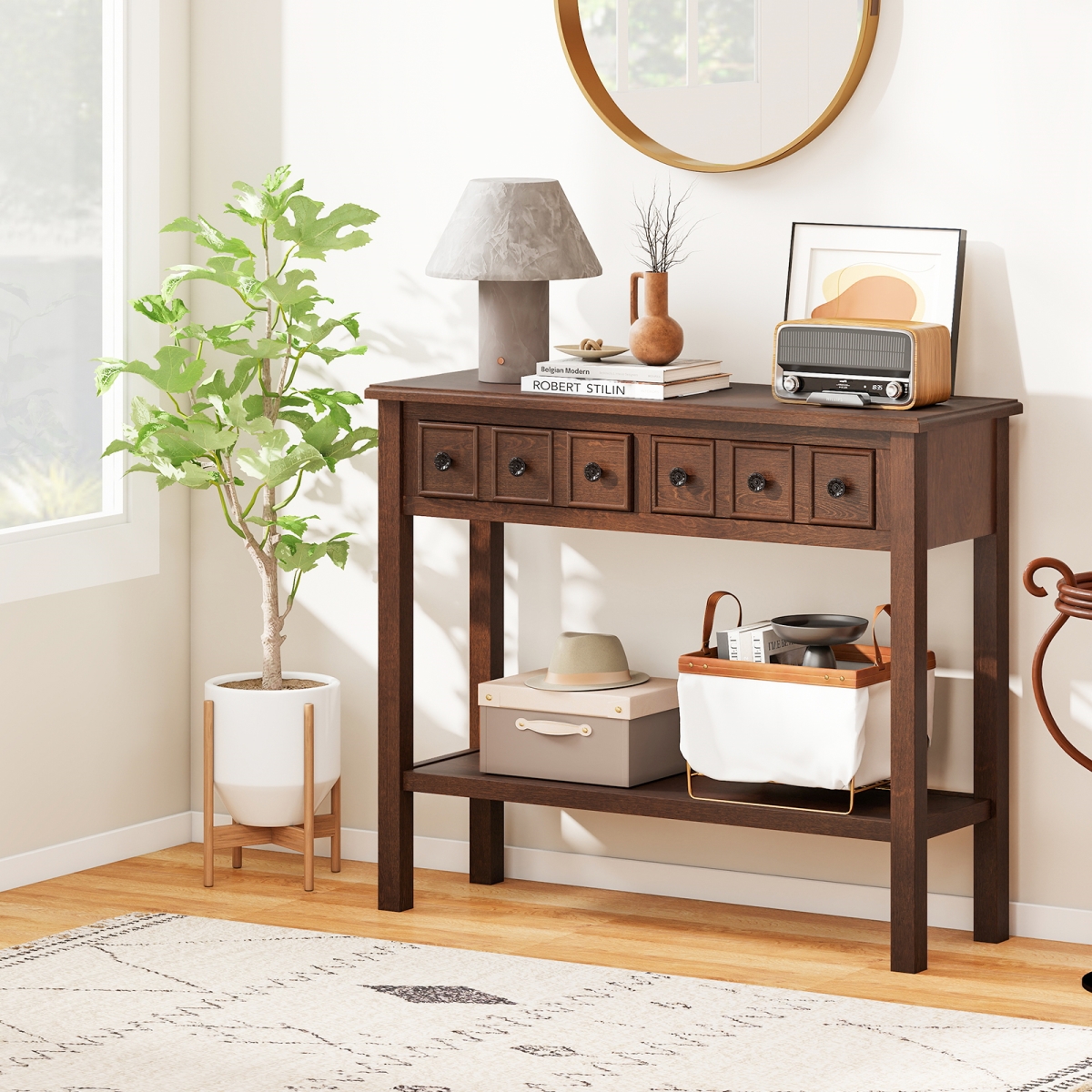 JV13267CF 38 in. Rustic Console Table with 2 Drawers & Bottom Open Shelf, Espresso