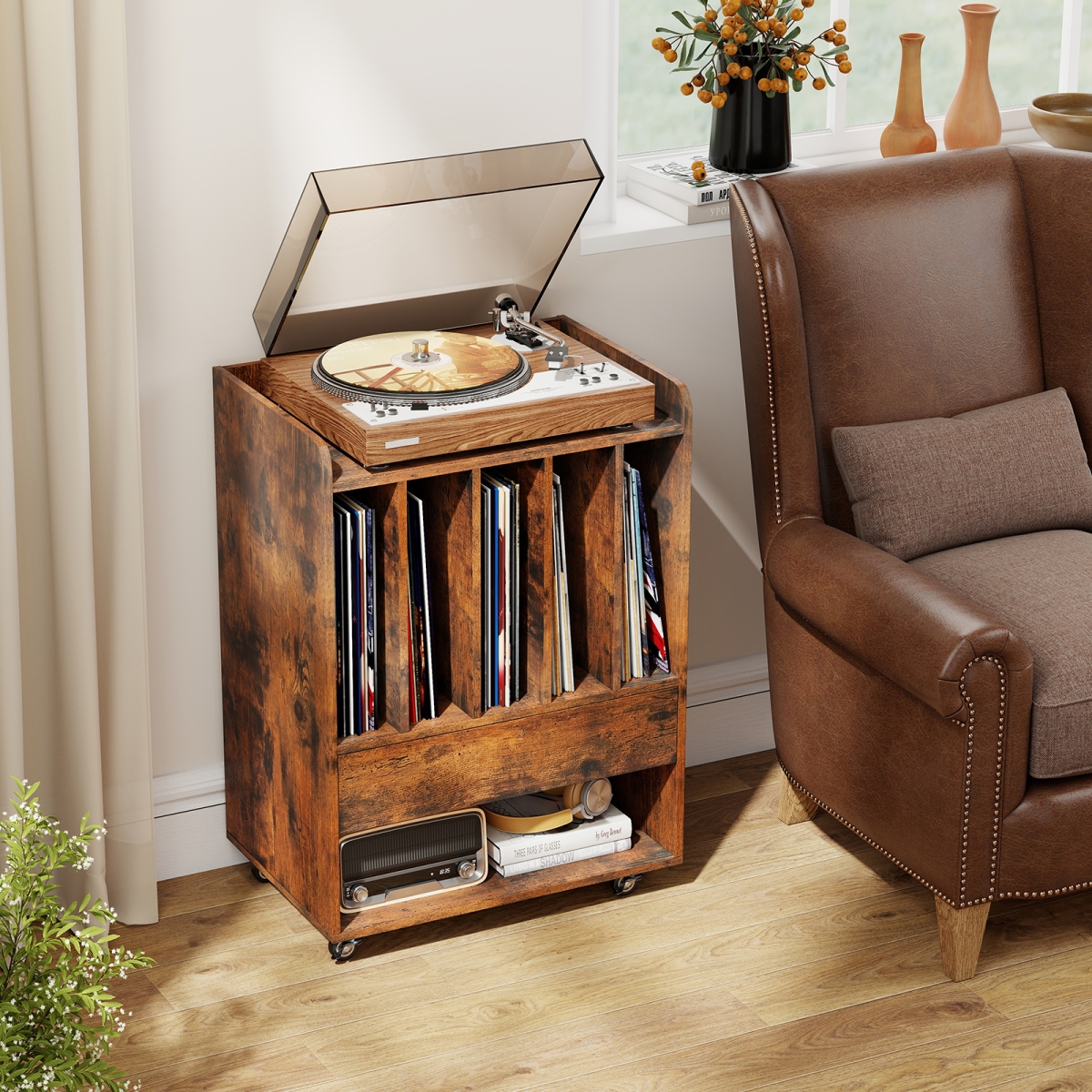 JV13289CF Record Player Stand Turntable Stand with Drawer & Record Holder, Brown