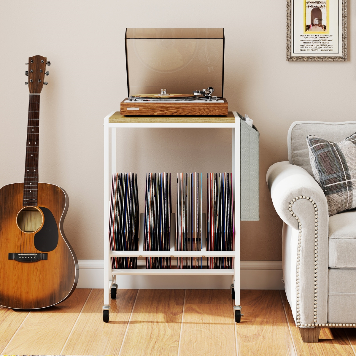 JV13304NA 2-Tier Rolling Record Player Stand - Vinyl Storage Rack with Magazine Holder Bag, Natural & White