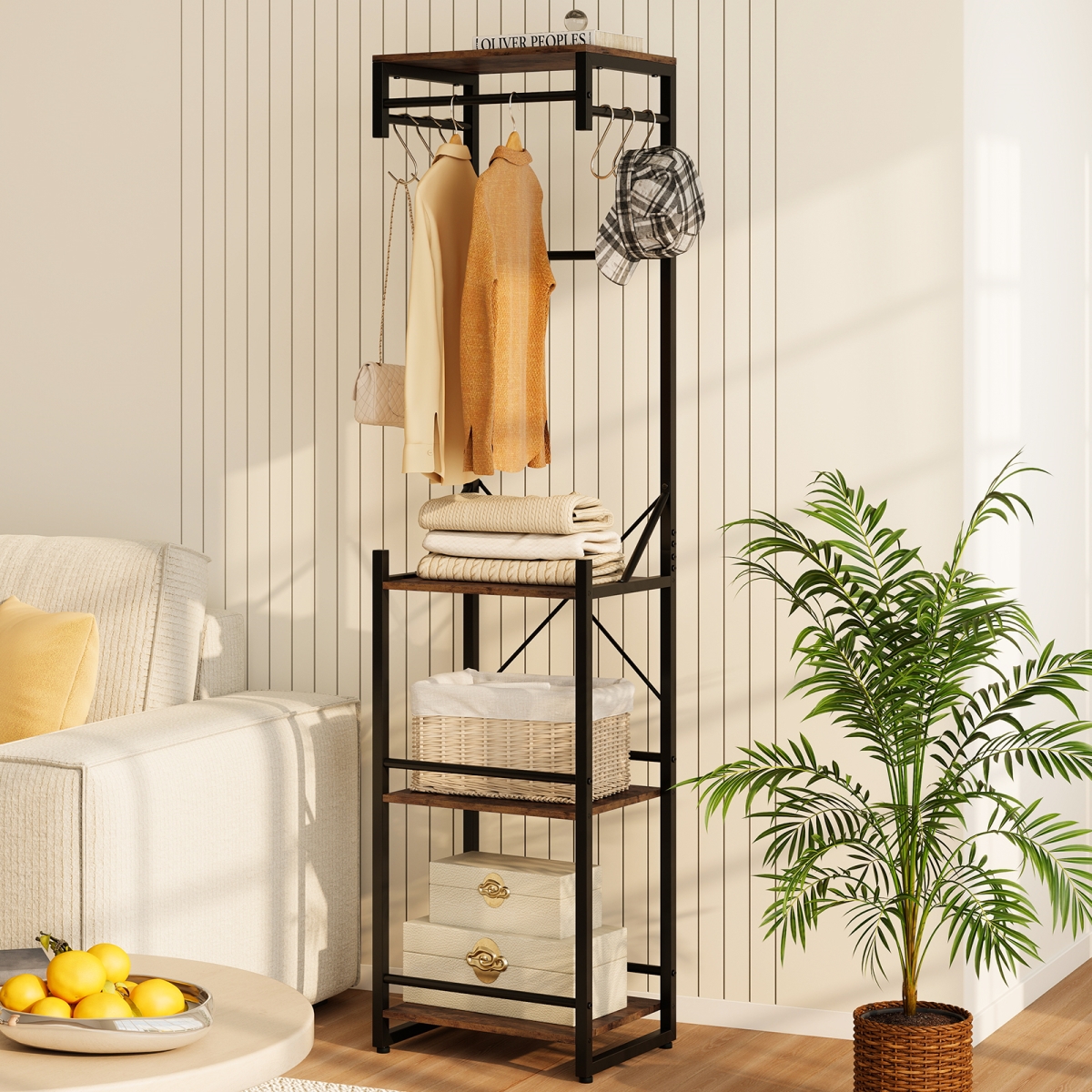 JV13306CF Freestanding Coat Rack with 4 Storage Shelves & 6 Hooks, Rustic Brown