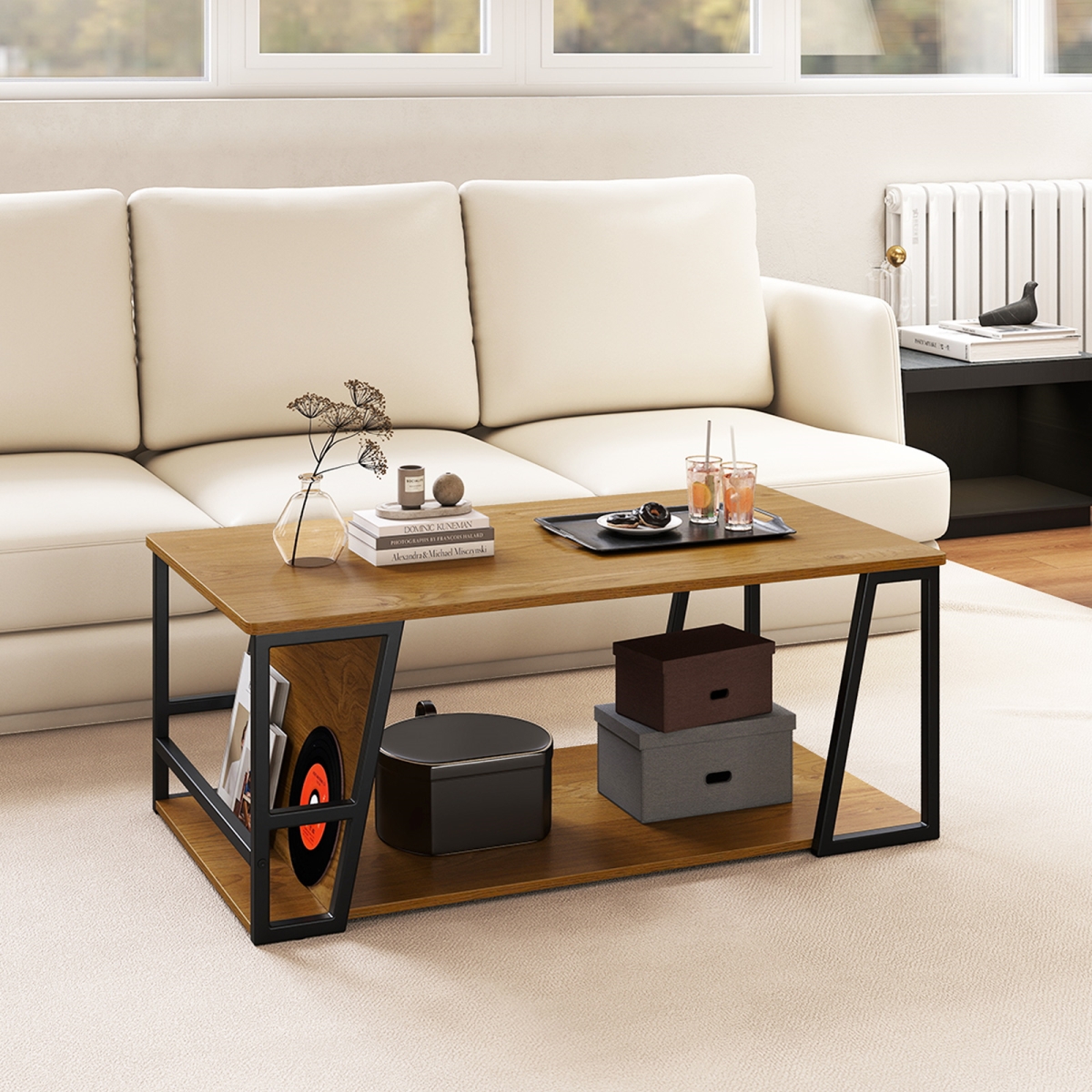 JV13307NA Rectangle Coffee Table - 2-Tier Industrial Accent Table with Storage Shelf & Compartment, Natural