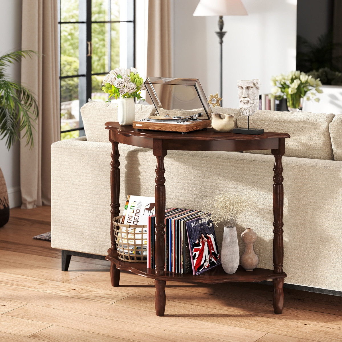 JV13337CH 42 in. Half Moon Console Table with Shelf & Rubber Wood Legs, Espresso
