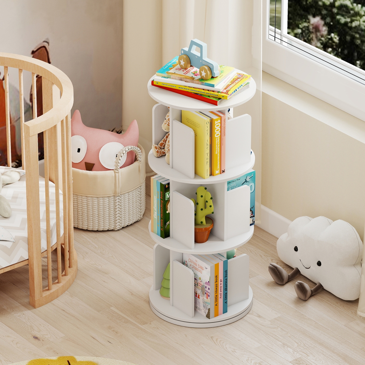 JV13365WH 3-Tier Rotating Bookshelf with Dividers & Anti-Falling Baffles, White