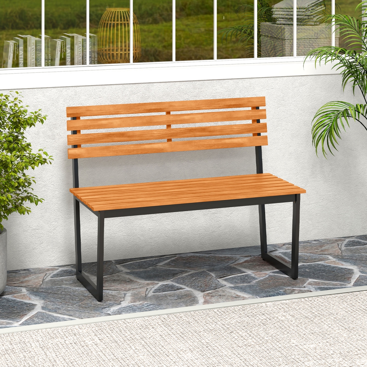 JV13458 Outdoor Bench Acacia Wood Patio Loveseat with Backrest & Heavy Duty Metal Frame, Black & Natural