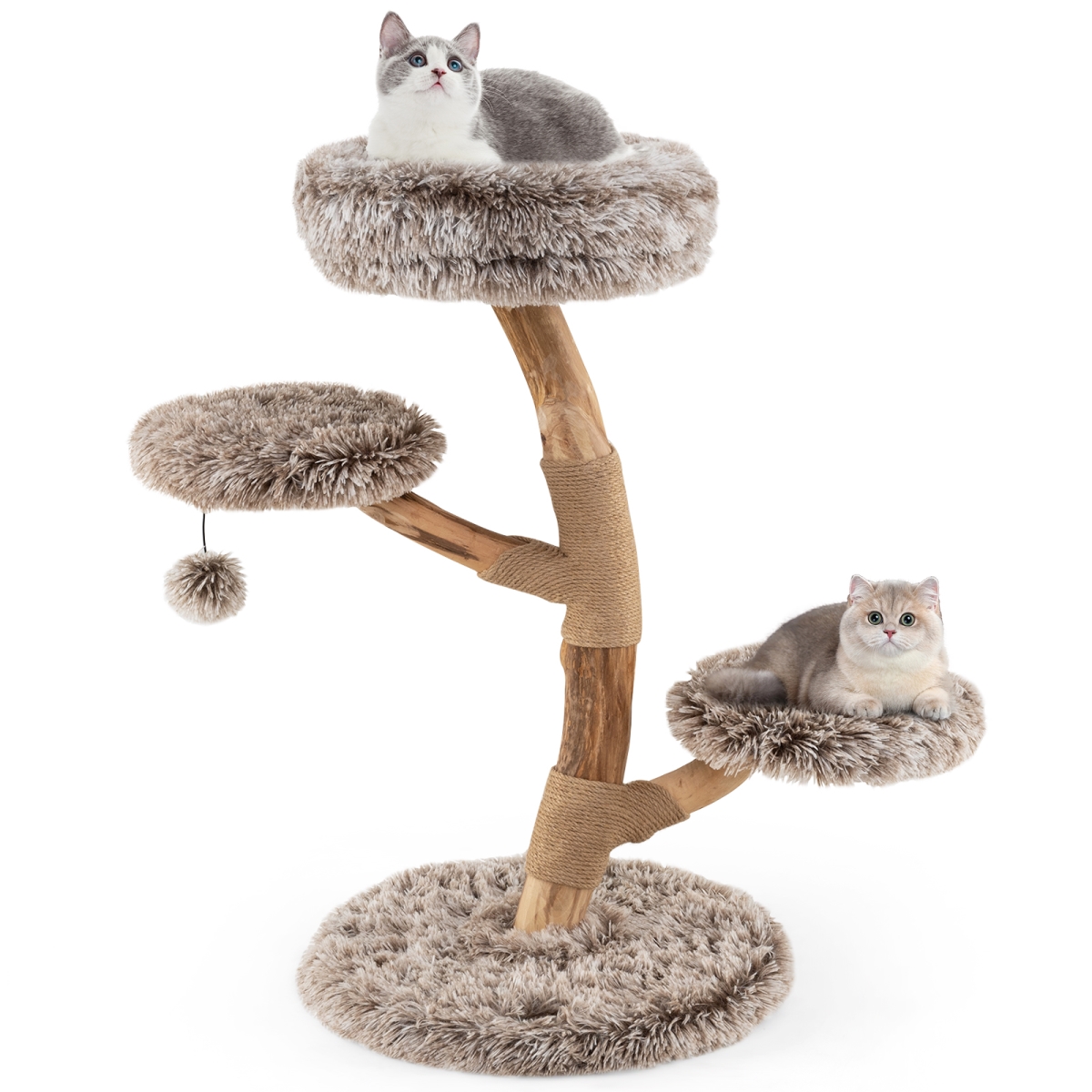 PV10275BN Solid Pear Wood Cat Tree with Perch & Natural Jute Scratching Posts, Brown