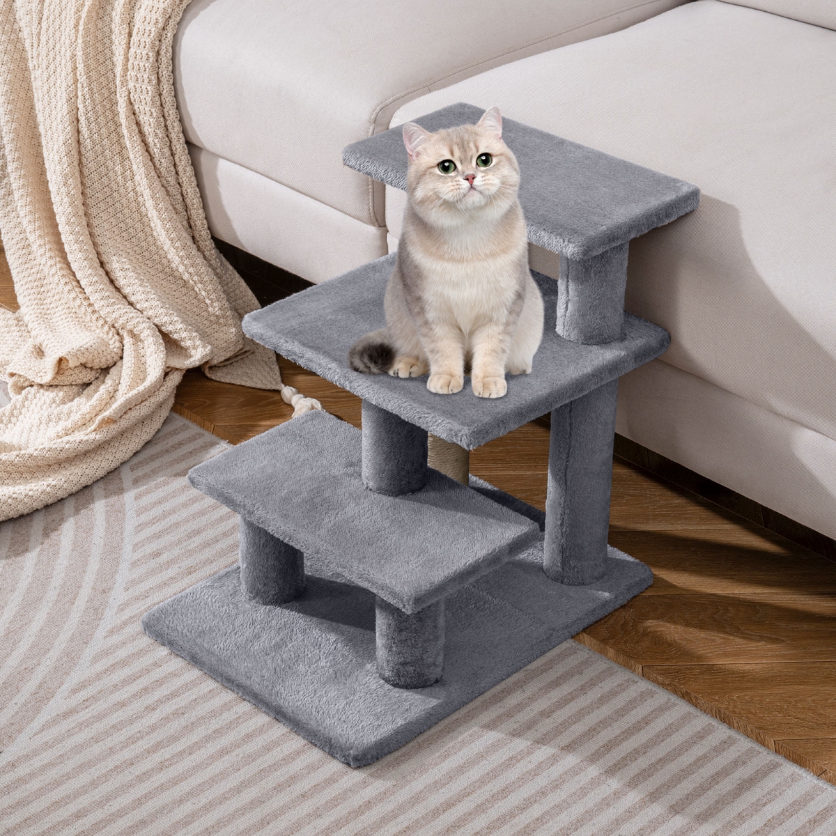PV10429GR 19 in. 3-Tier Cat Stairs - Plush Steps with Scratching Posts for High Bed Sofa, Gray