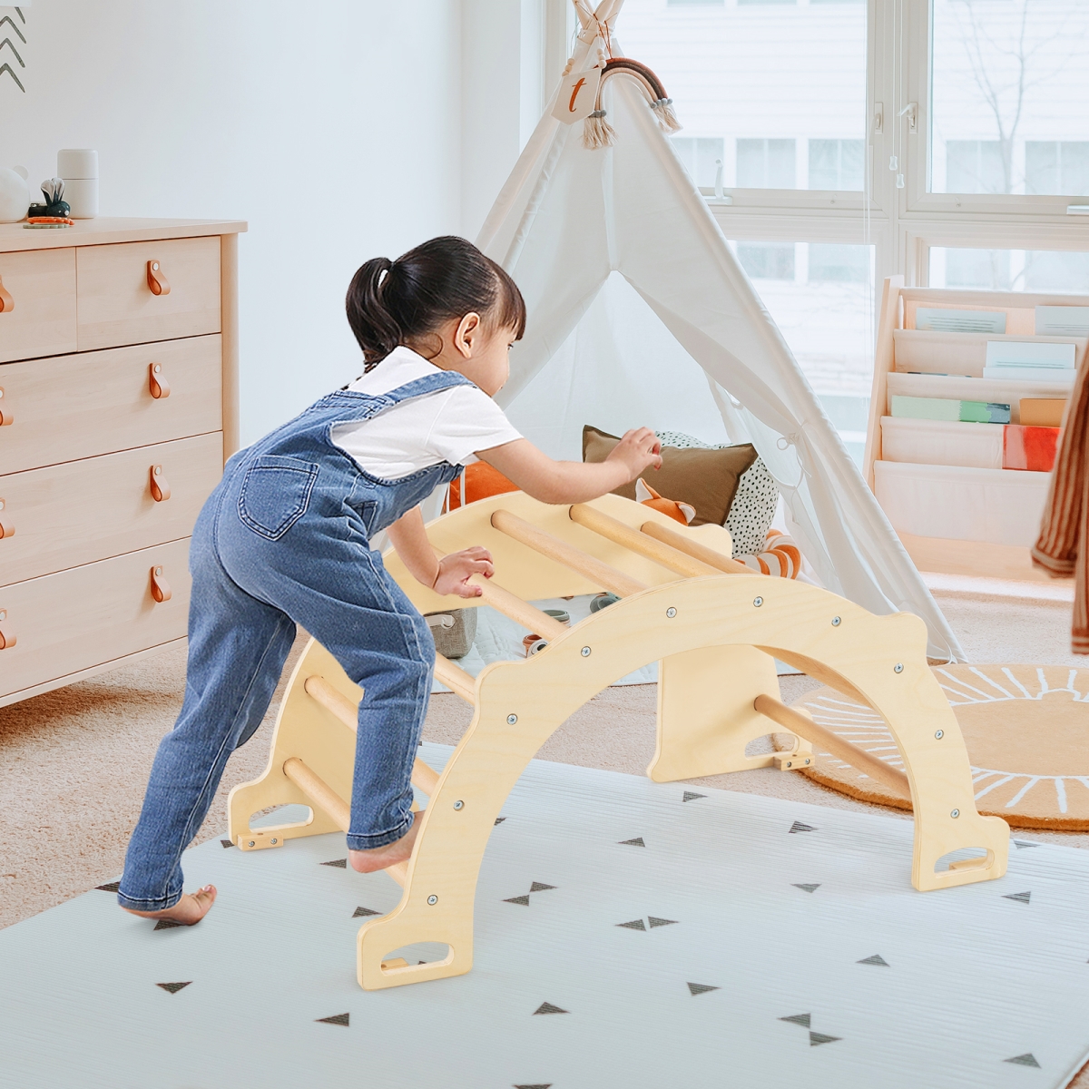 TS10198NA 8-in-1 Climbing Arch Sensory Table with Collapsible Storage Bin for Kids, Natural