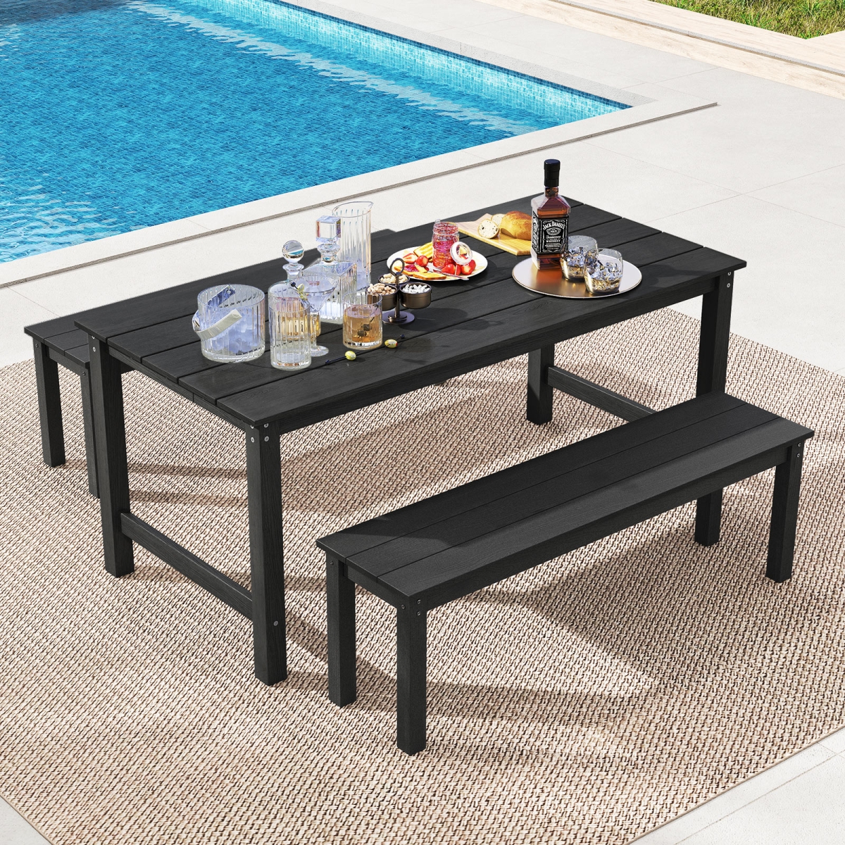 NP12458BK-2-NP12457BK Outdoor Dining Table Set with 2 Benches, Black - 3 Piece