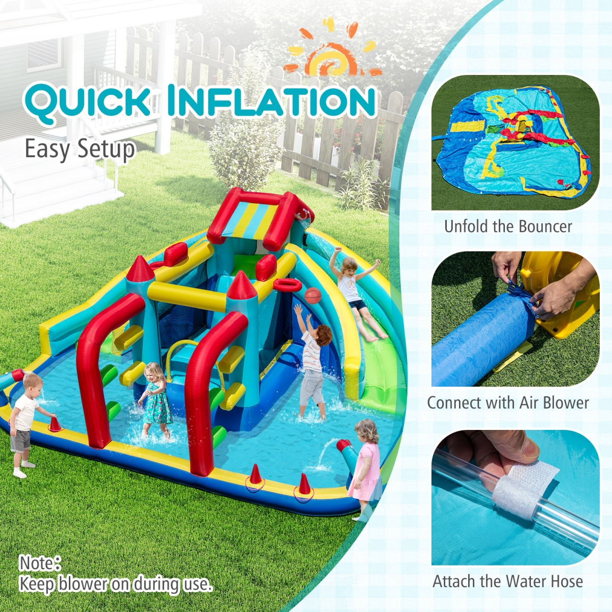 NP12496US Inflatable Double Water Slide Park with Obstacle Course & 680W Blower, Multi Color