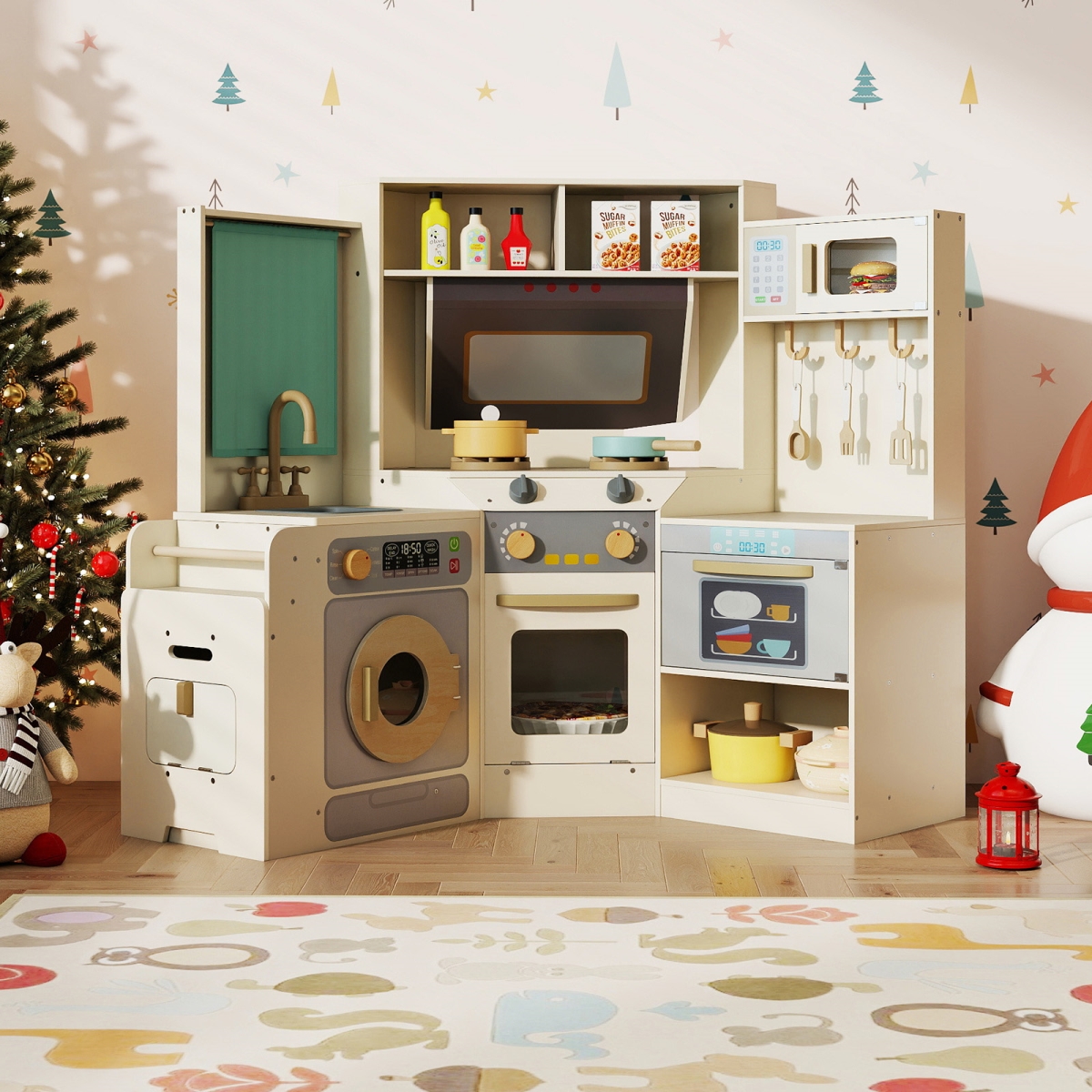 TP10311BE Corner Kitchen Toys with Lights & Sounds with Pull-out Trash Can & Stoves, Off White