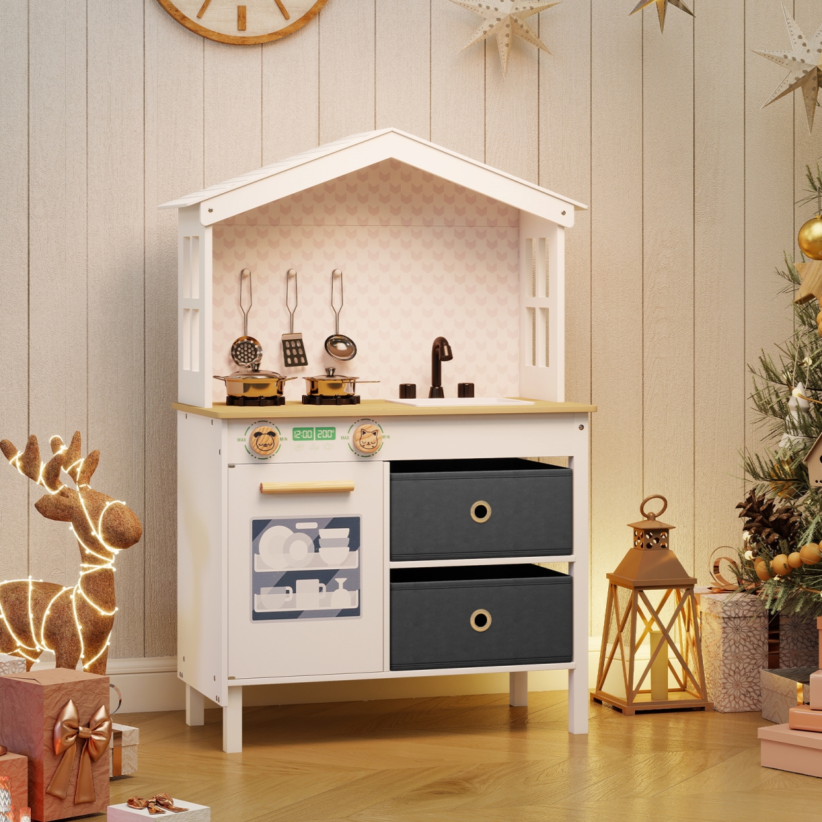 TP10421WH Kids Play Kitchen Children Toy Kitchen Playset with 2 Stoves & Rotation Knobs, White