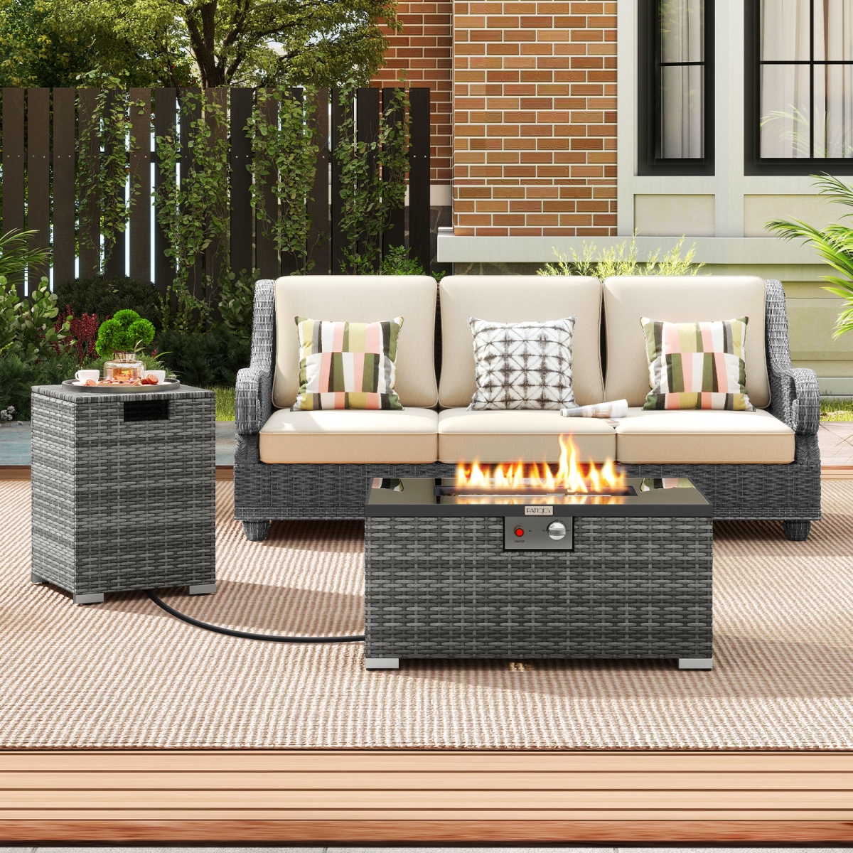 NP12223GR 32 in. Outdoor Rattan Fire Table Set - Rectangular Gas Fire Pit with Tank Cover, Black - 2 Piece