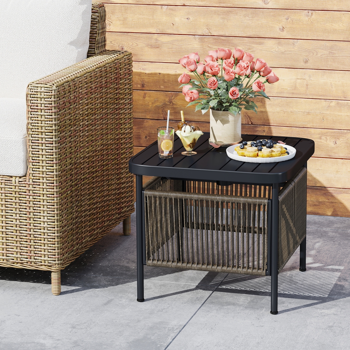 NP12617 Outdoor Side Table with Umbrella Hole & Storage Shelf, Black & Natural