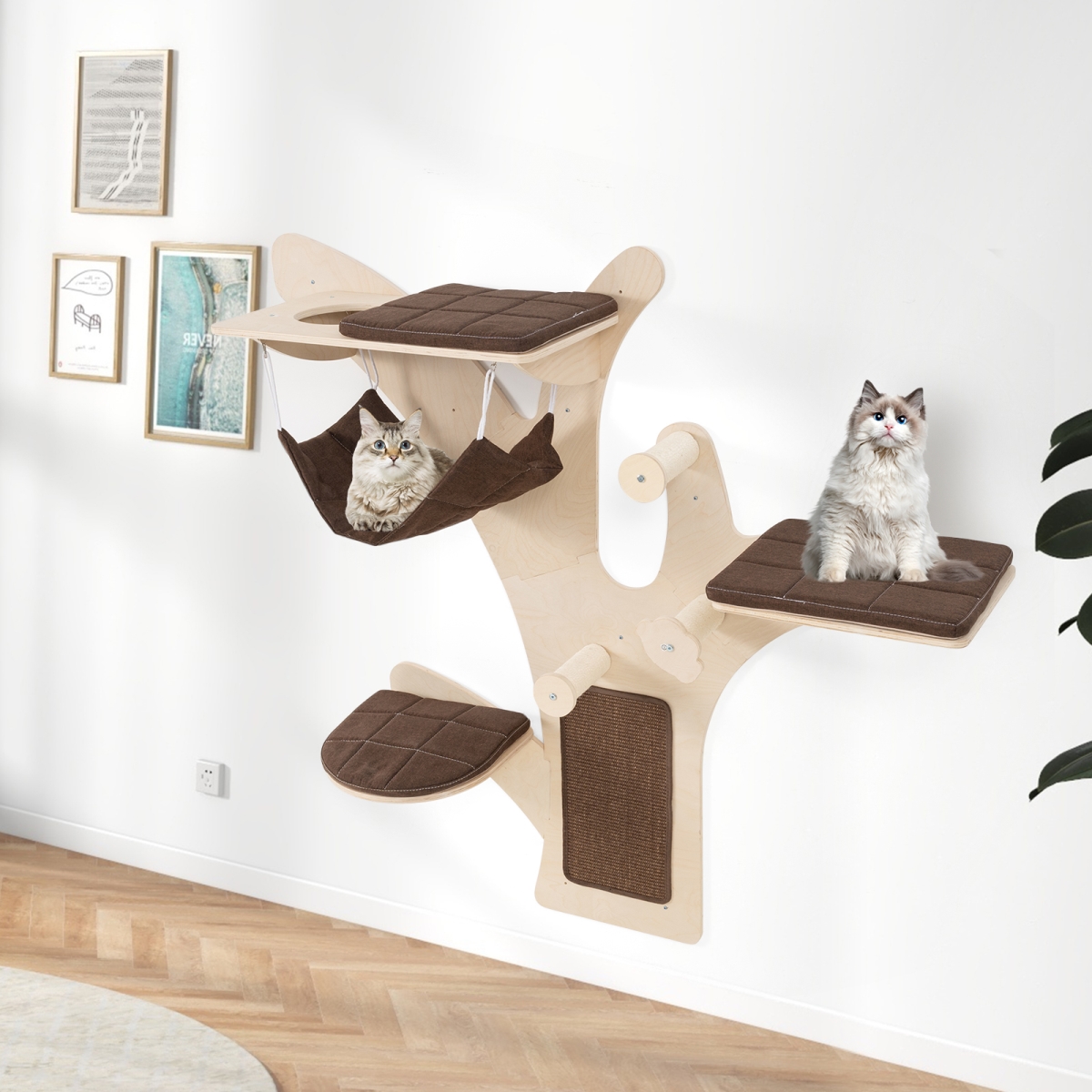 PV10150BN Wall-Mounted Cat Tower - Cat Wall Shelves with Perch, Brown