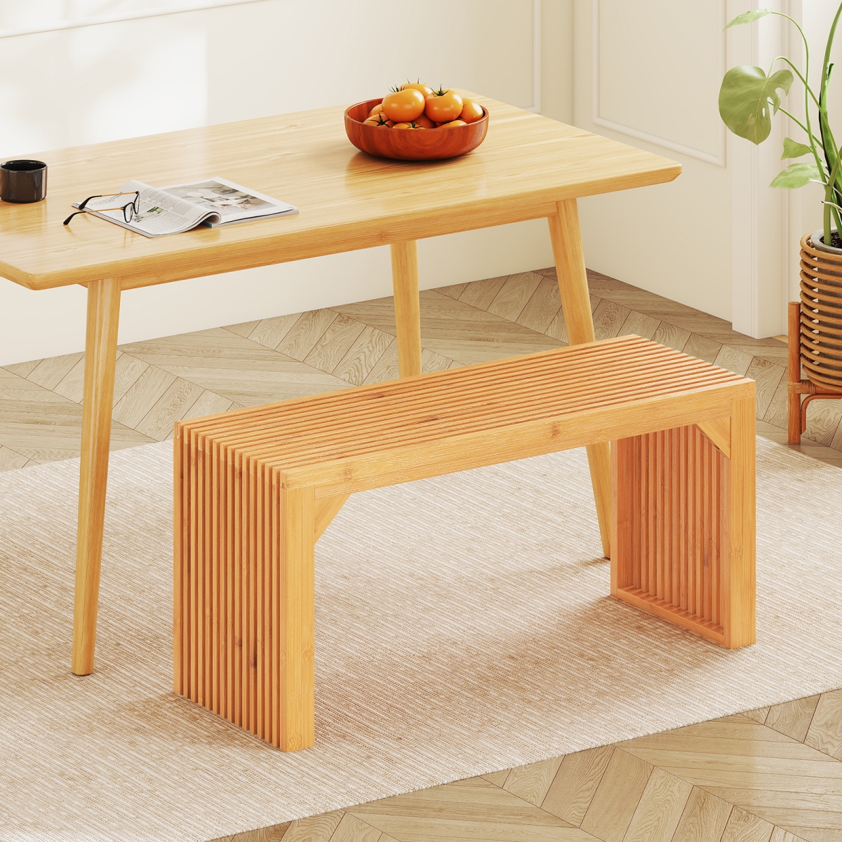 JV12450NA Bamboo Dining Bench - Long Indoor & Outdoor Solid Wood Entryway Bench, Natural
